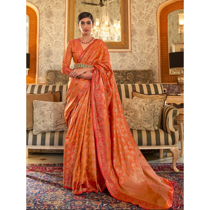 Odette Orange Woven Design Silk Blend Handloom Saree with Unstitched Blouse for Women