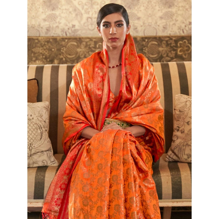 Odette Orange Woven Design Silk Blend Handloom Saree with Unstitched Blouse for Women