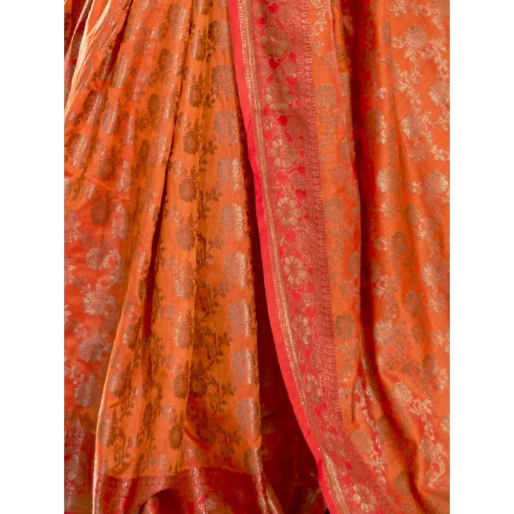 Odette Orange Woven Design Silk Blend Handloom Saree with Unstitched Blouse for Women