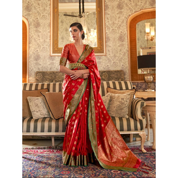 Odette Red Woven Design Silk Blend Handloom Saree with Unstitched Blouse for Women