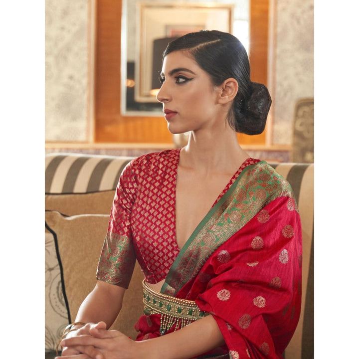 Odette Red Woven Design Silk Blend Handloom Saree with Unstitched Blouse for Women