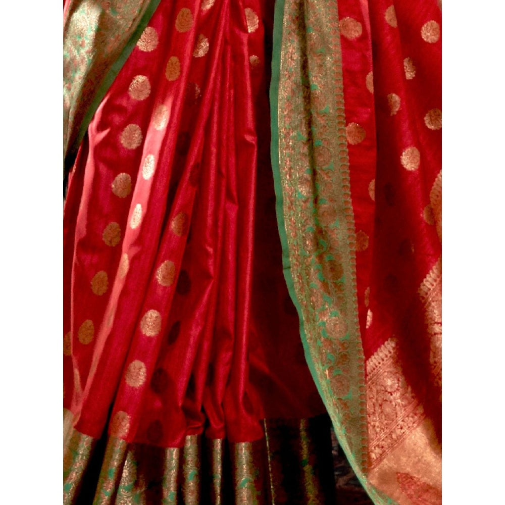 Odette Red Woven Design Silk Blend Handloom Saree with Unstitched Blouse for Women