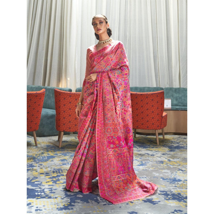 Odette Pink Paisley Printed Silk Blend Printed Saree with Unstitched Blouse for Women