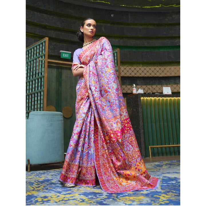 Odette Purple Paisley Silk Blend Printed Saree with Unstitched Blouse for Women