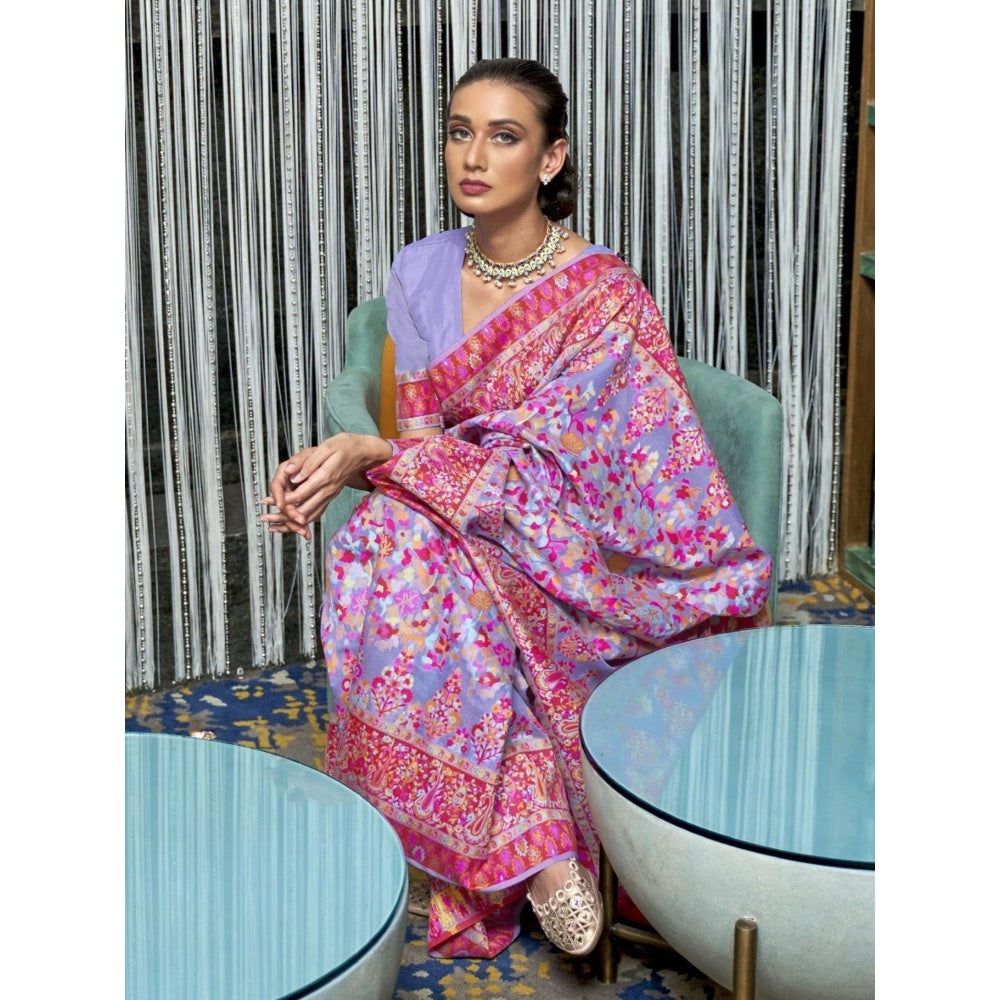 Odette Purple Paisley Silk Blend Printed Saree with Unstitched Blouse for Women