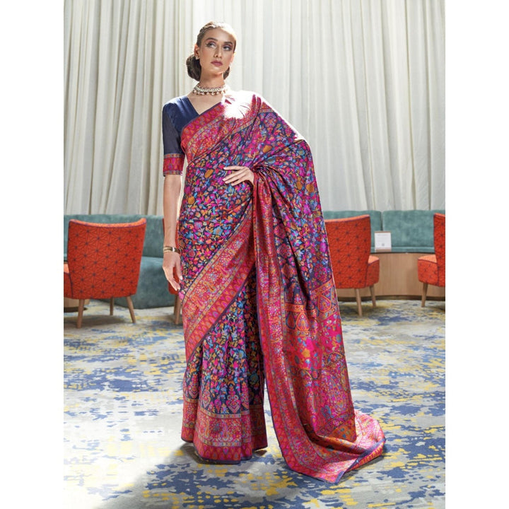 Odette Navy Blue Floral Printed Silk Blend Printed Saree with Unstitched Blouse for Women