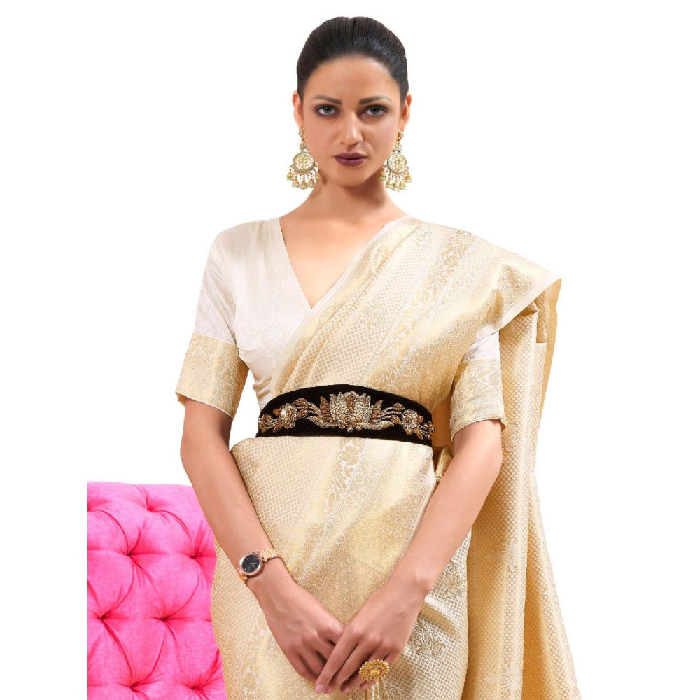 Odette Cream Woven Design Silk Blend Handloom Saree with Unstitched Blouse for Women