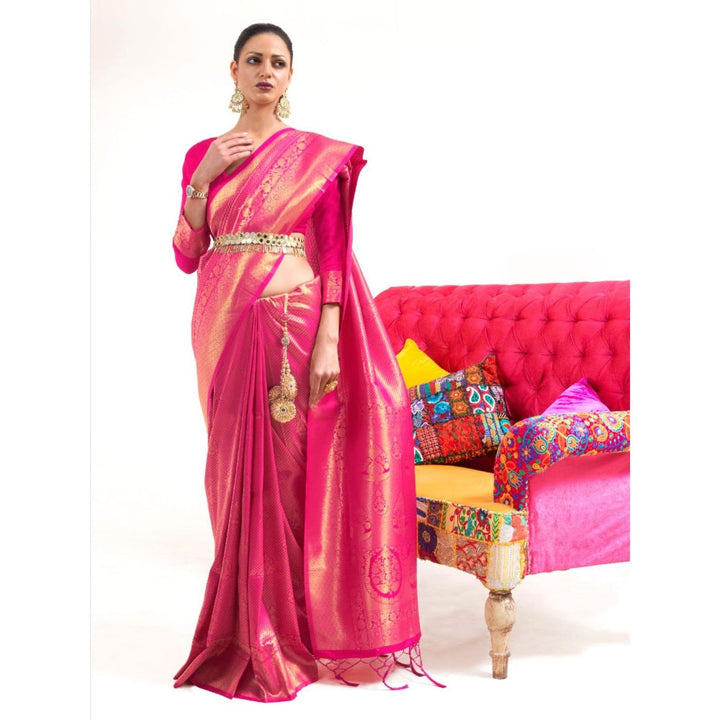 Odette Pink Woven Design Silk Blend Handloom Saree with Unstitched Blouse for Women