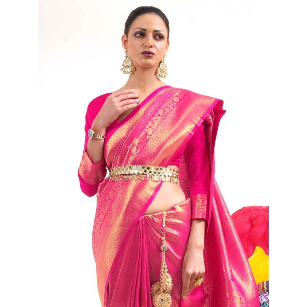 Odette Pink Woven Design Silk Blend Handloom Saree with Unstitched Blouse for Women