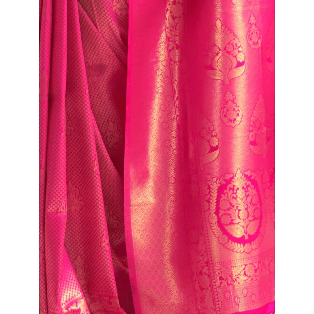 Odette Pink Woven Design Silk Blend Handloom Saree with Unstitched Blouse for Women