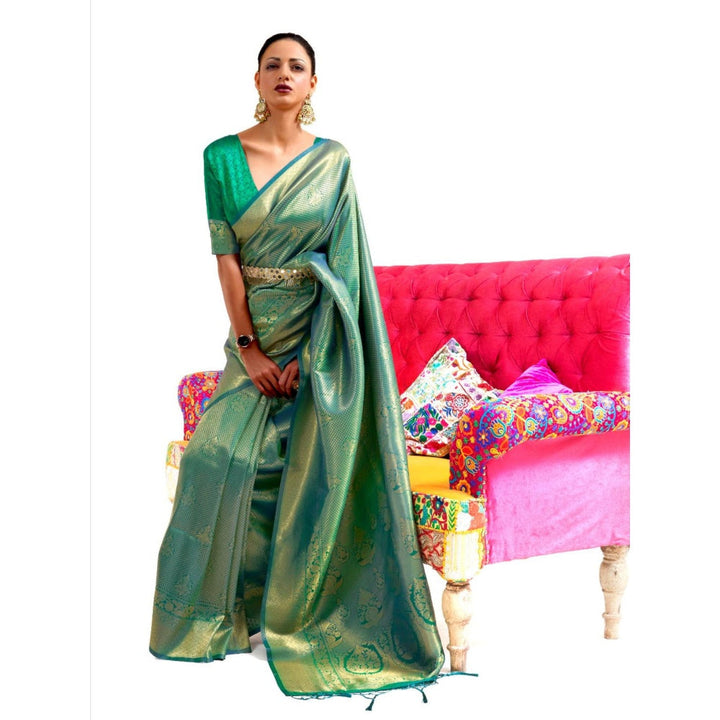 Odette Green Woven Design Silk Blend Handloom Saree with Unstitched Blouse for Women