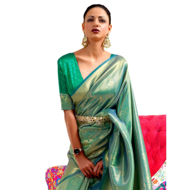 Odette Green Woven Design Silk Blend Handloom Saree with Unstitched Blouse for Women