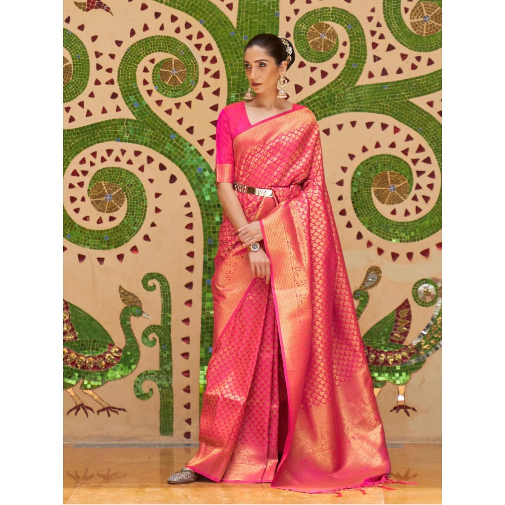 Odette Pink Woven Design Silk Blend Handloom Saree with Unstitched Blouse for Women