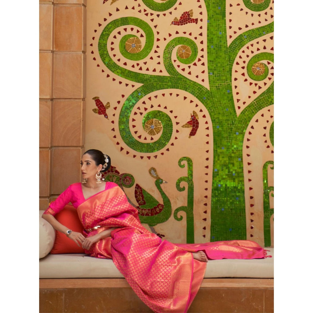 Odette Pink Woven Design Silk Blend Handloom Saree with Unstitched Blouse for Women