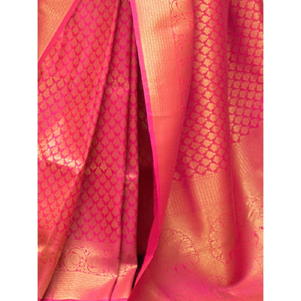 Odette Pink Woven Design Silk Blend Handloom Saree with Unstitched Blouse for Women