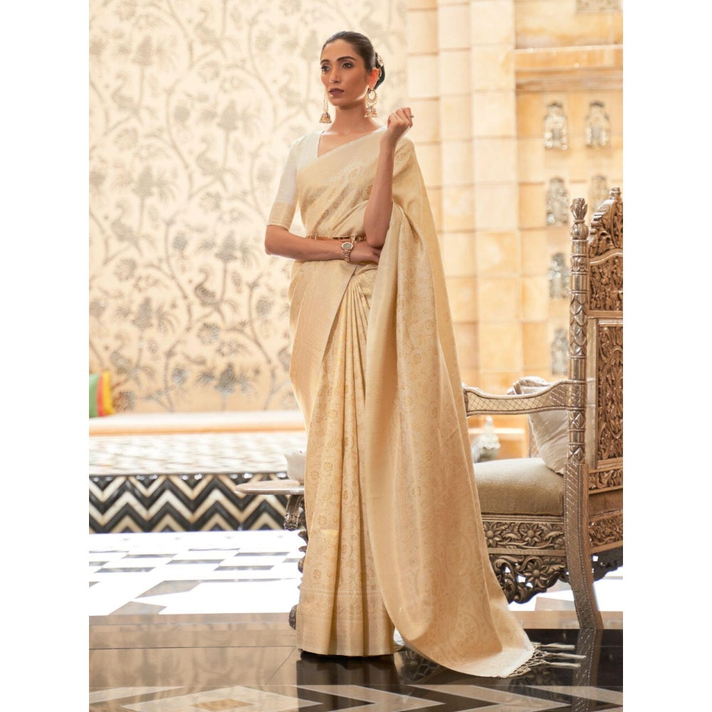 Odette Cream Woven Design Silk Blend Handloom Saree with Unstitched Blouse for Women