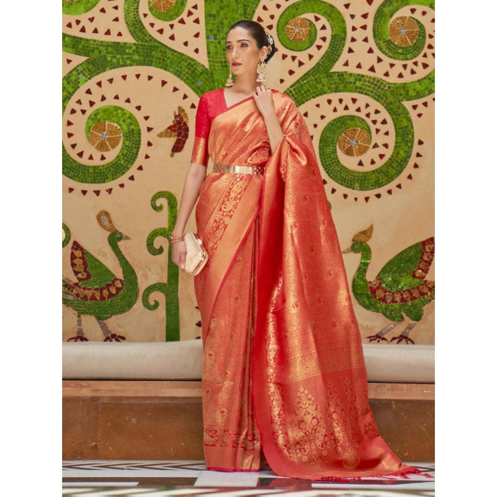 Odette Red Woven Design Silk Blend Handloom Saree with Unstitched Blouse for Women