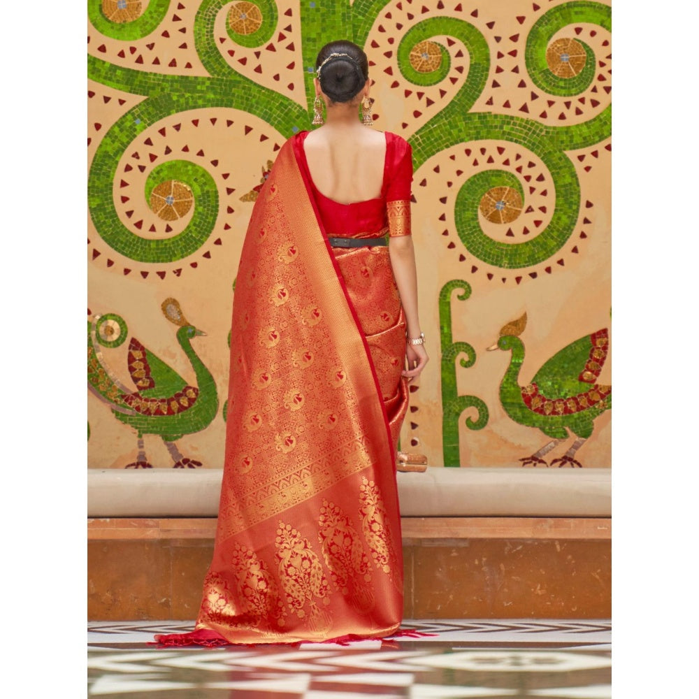 Odette Red Woven Design Silk Blend Handloom Saree with Unstitched Blouse for Women