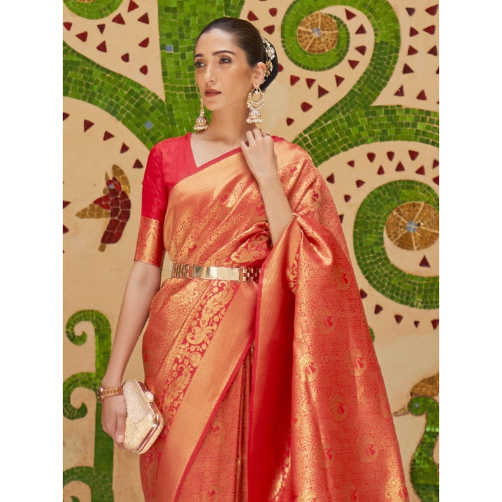 Odette Red Woven Design Silk Blend Handloom Saree with Unstitched Blouse for Women