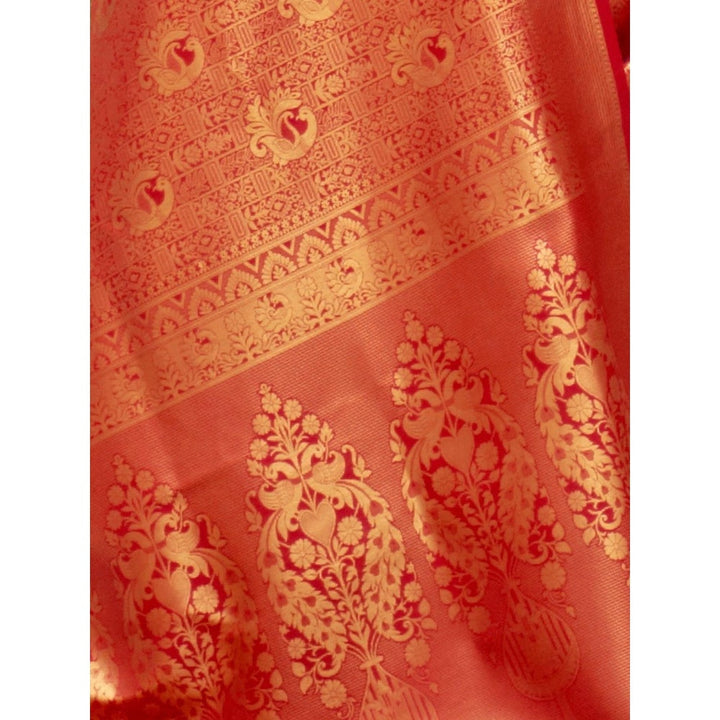 Odette Red Woven Design Silk Blend Handloom Saree with Unstitched Blouse for Women