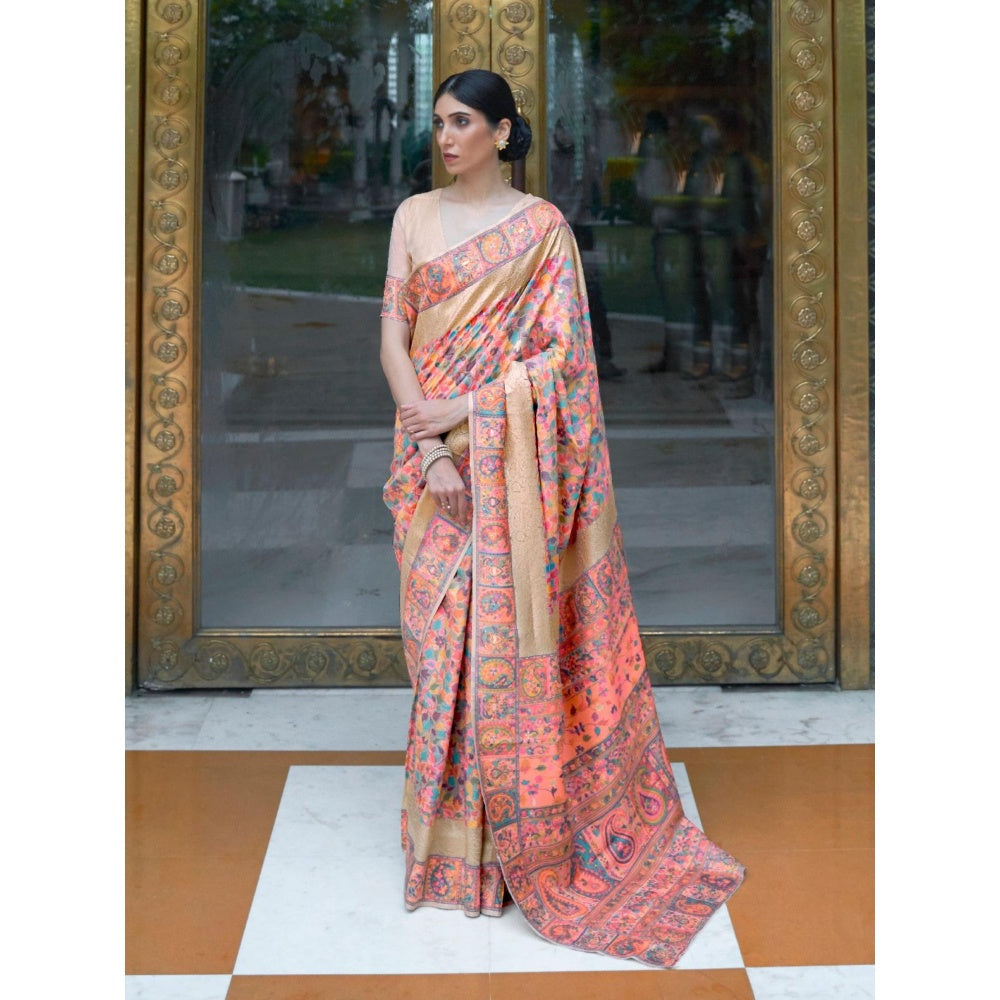 Odette Peach Paisley Printed Silk Blend Printed Saree with Unstitched Blouse for Women