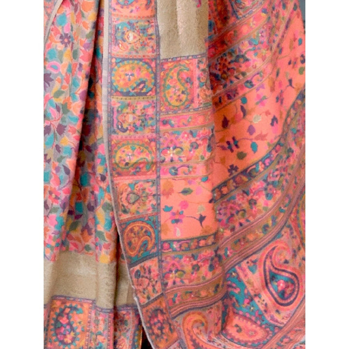 Odette Peach Paisley Printed Silk Blend Printed Saree with Unstitched Blouse for Women