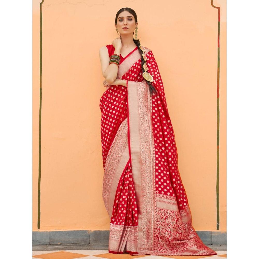 Odette Red Silk Blend Handloom Saree with Unstitched Blouse for Women