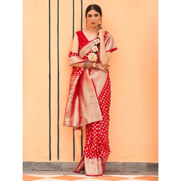 Odette Red Silk Blend Handloom Saree with Unstitched Blouse for Women