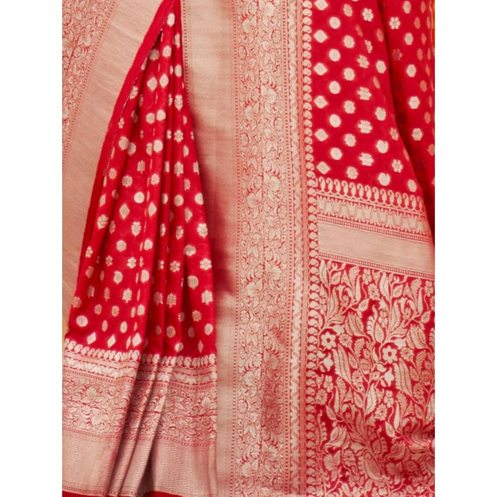 Odette Red Silk Blend Handloom Saree with Unstitched Blouse for Women