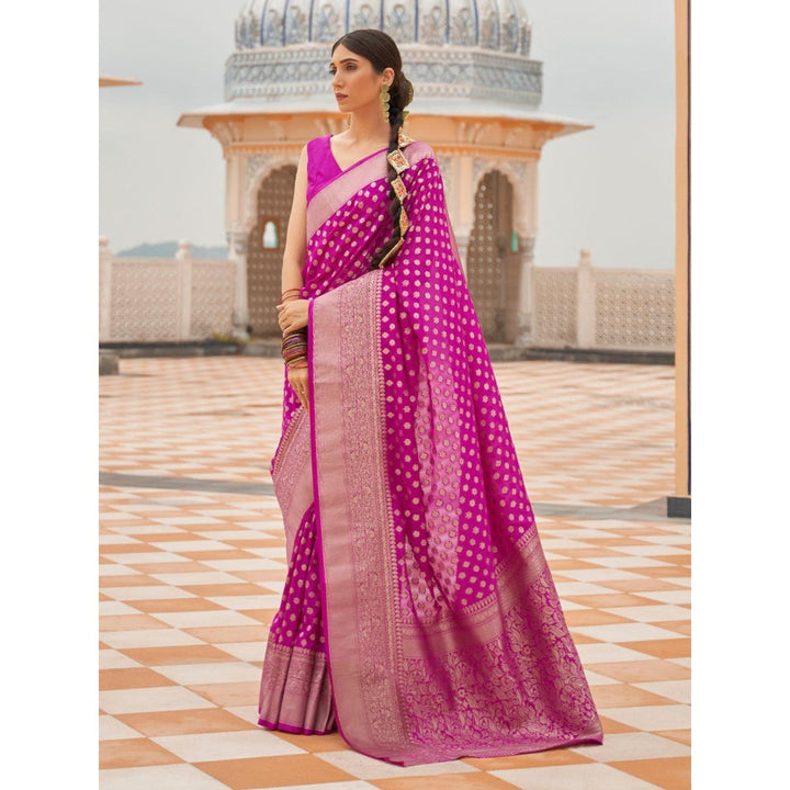 Odette Pink Silk Blend Handloom Saree with Unstitched Blouse for Women