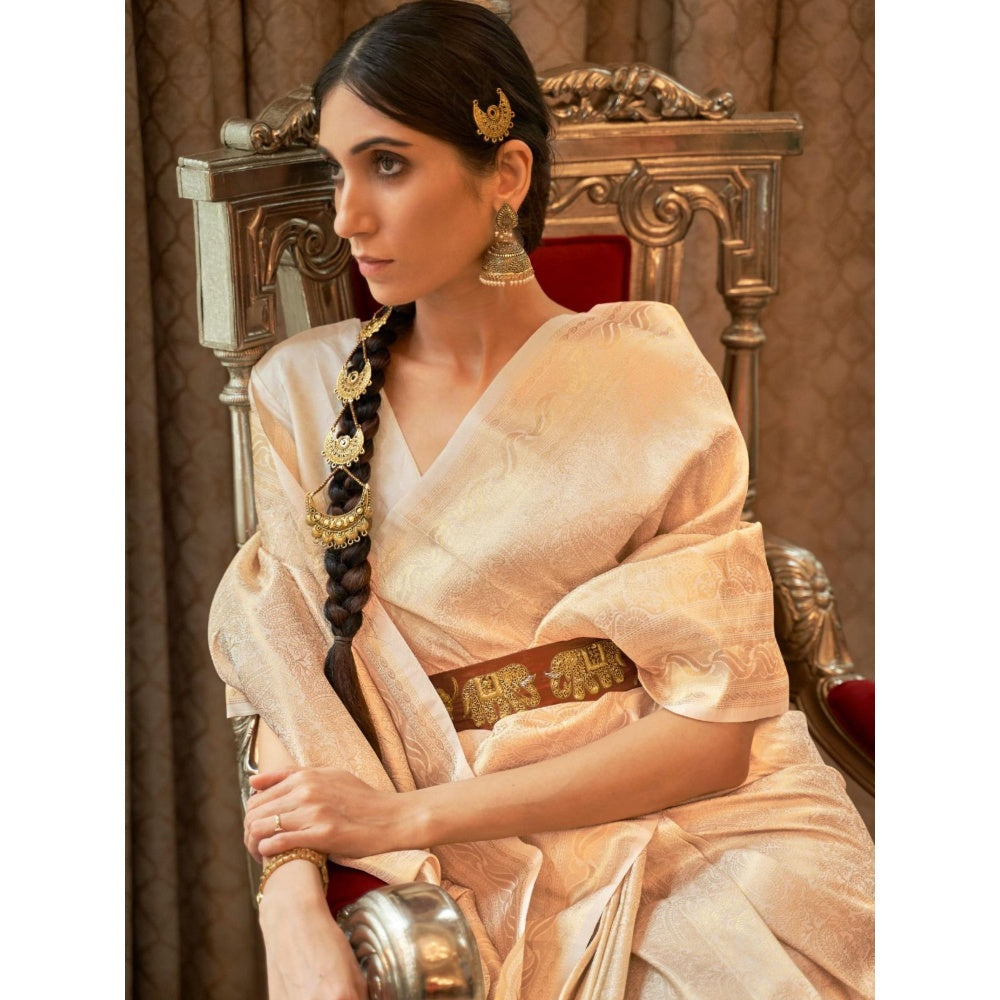 Odette Cream Woven Design Silk Blend Handloom Saree with Unstitched Blouse for Women