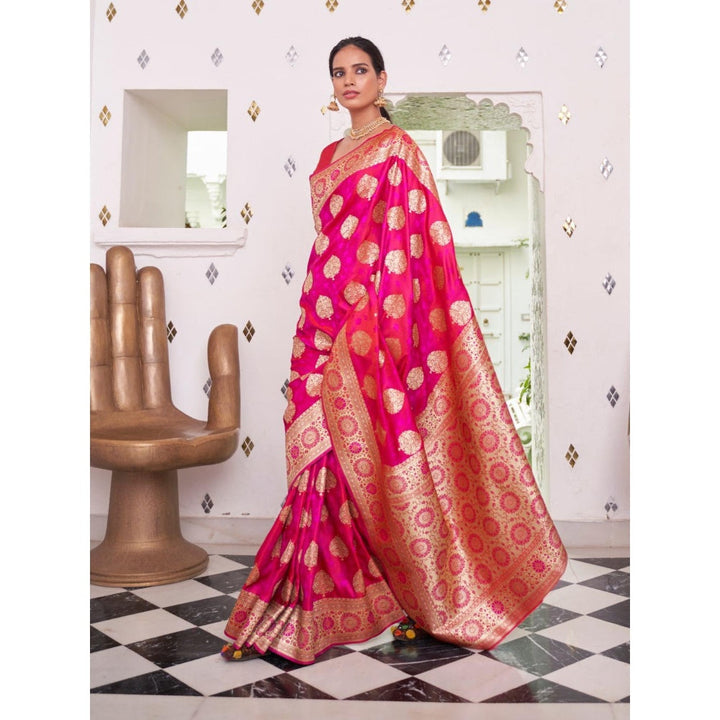 Odette Pink Woven Design Satin Handloom Saree with Unstitched Blouse for Women