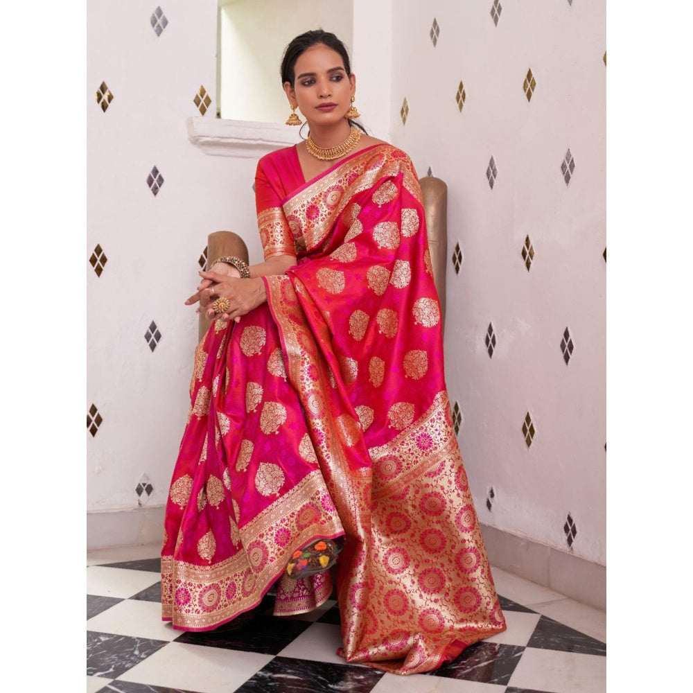 Odette Pink Woven Design Satin Handloom Saree with Unstitched Blouse for Women