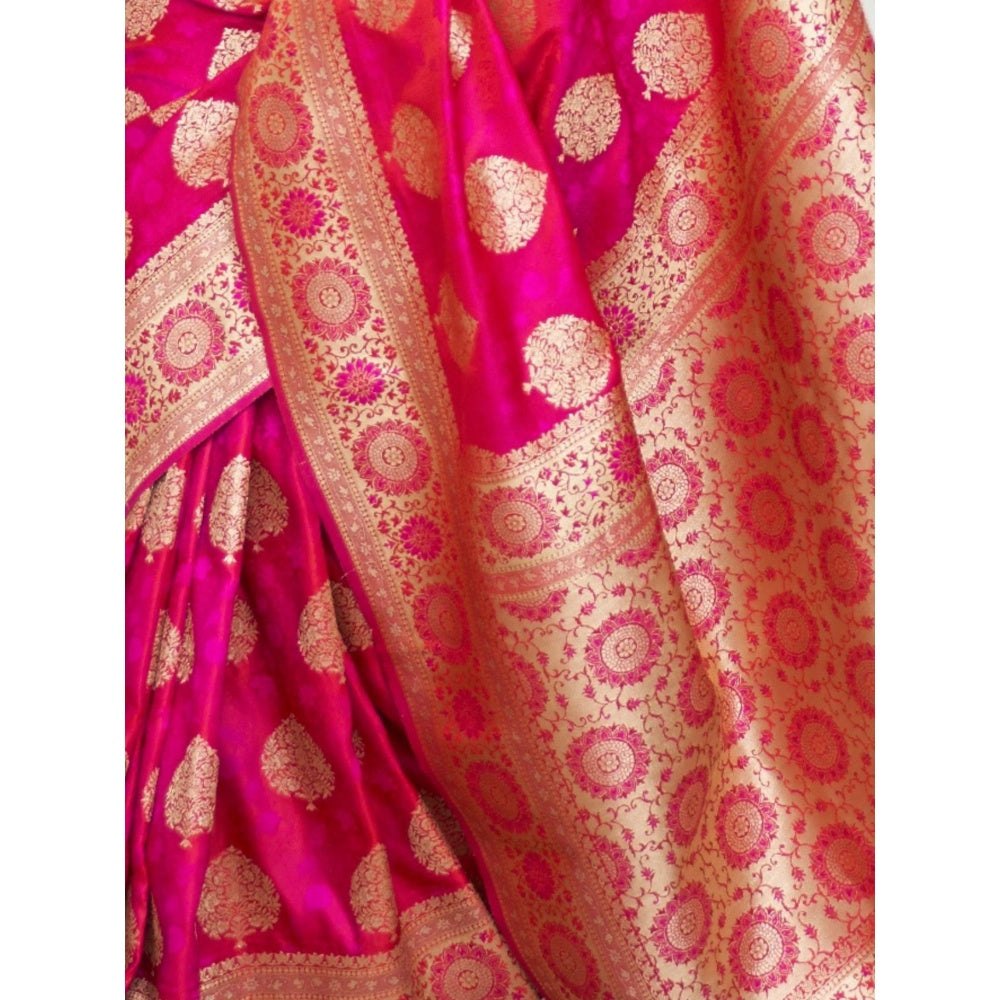 Odette Pink Woven Design Satin Handloom Saree with Unstitched Blouse for Women