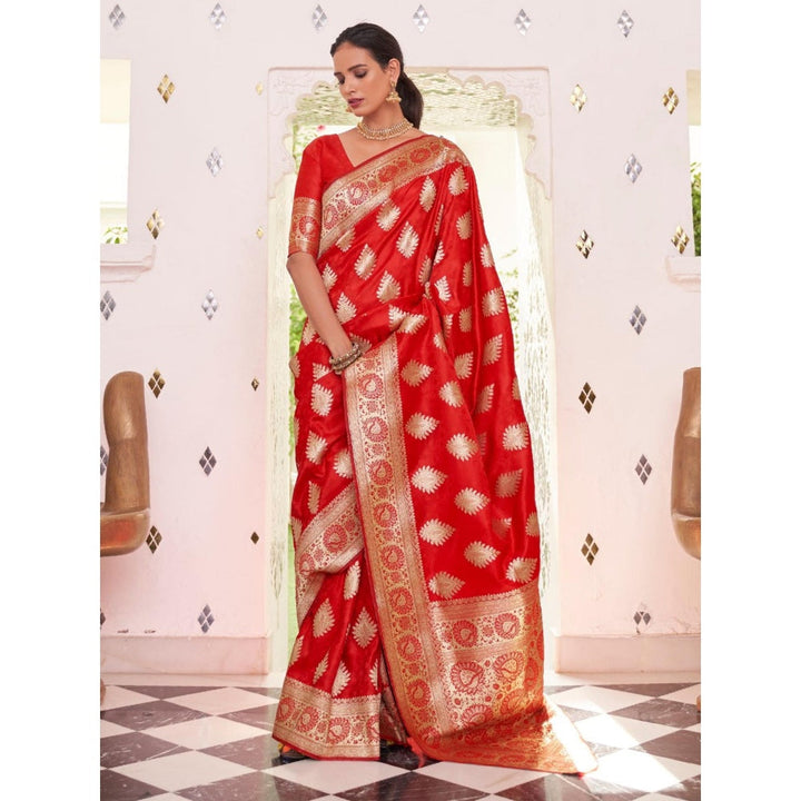 Odette Red Woven Design Satin Handloom Saree with Unstitched Blouse for Women