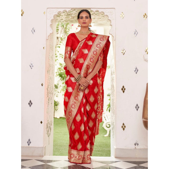 Odette Red Woven Design Satin Handloom Saree with Unstitched Blouse for Women