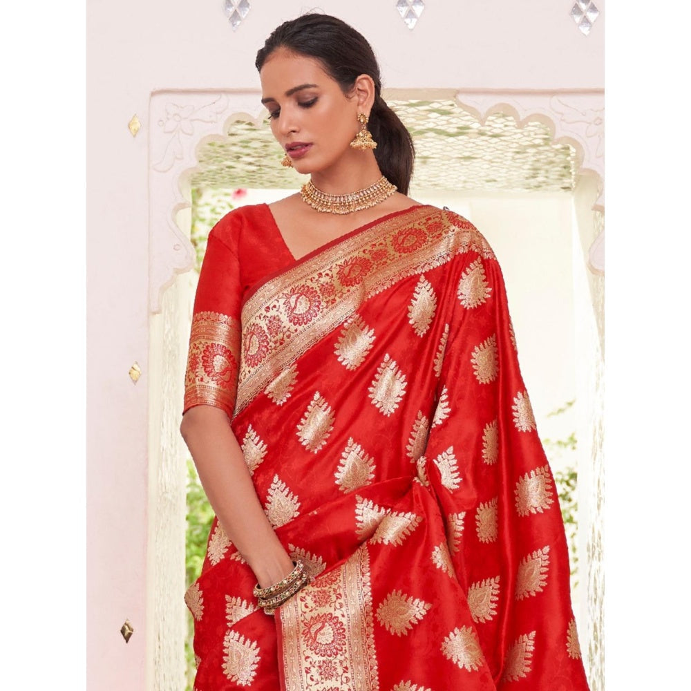 Odette Red Woven Design Satin Handloom Saree with Unstitched Blouse for Women