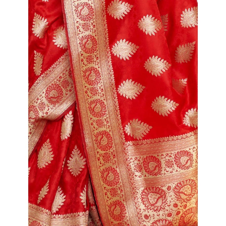 Odette Red Woven Design Satin Handloom Saree with Unstitched Blouse for Women