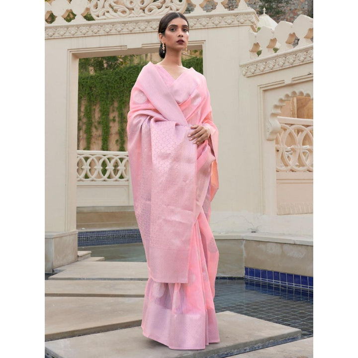 Odette Light Pink Woven Design Linen Handloom Saree with Unstitched Blouse for Women