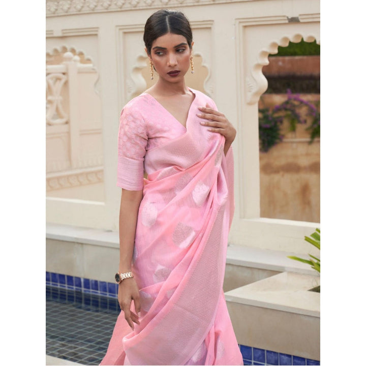 Odette Light Pink Woven Design Linen Handloom Saree with Unstitched Blouse for Women