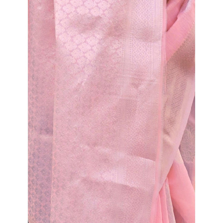 Odette Light Pink Woven Design Linen Handloom Saree with Unstitched Blouse for Women