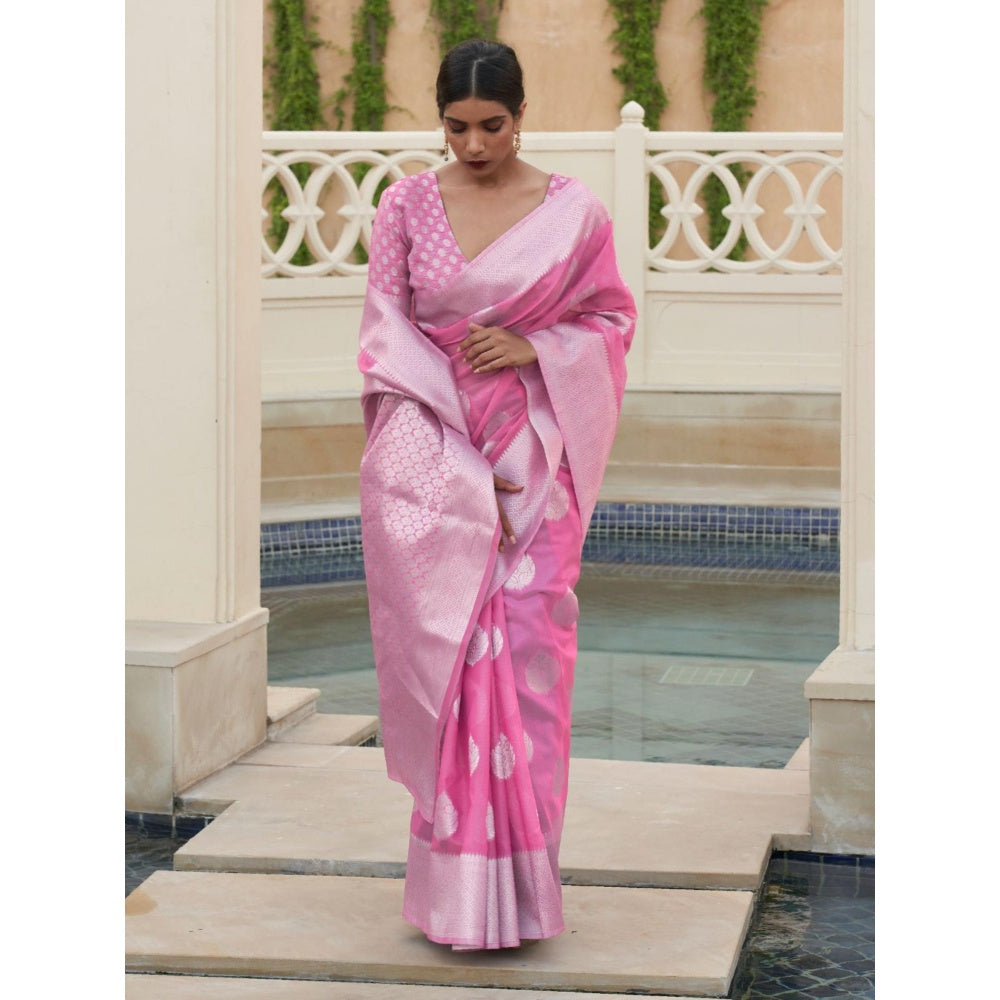 Odette Pink Woven Design Linen Handloom Saree with Unstitched Blouse for Women