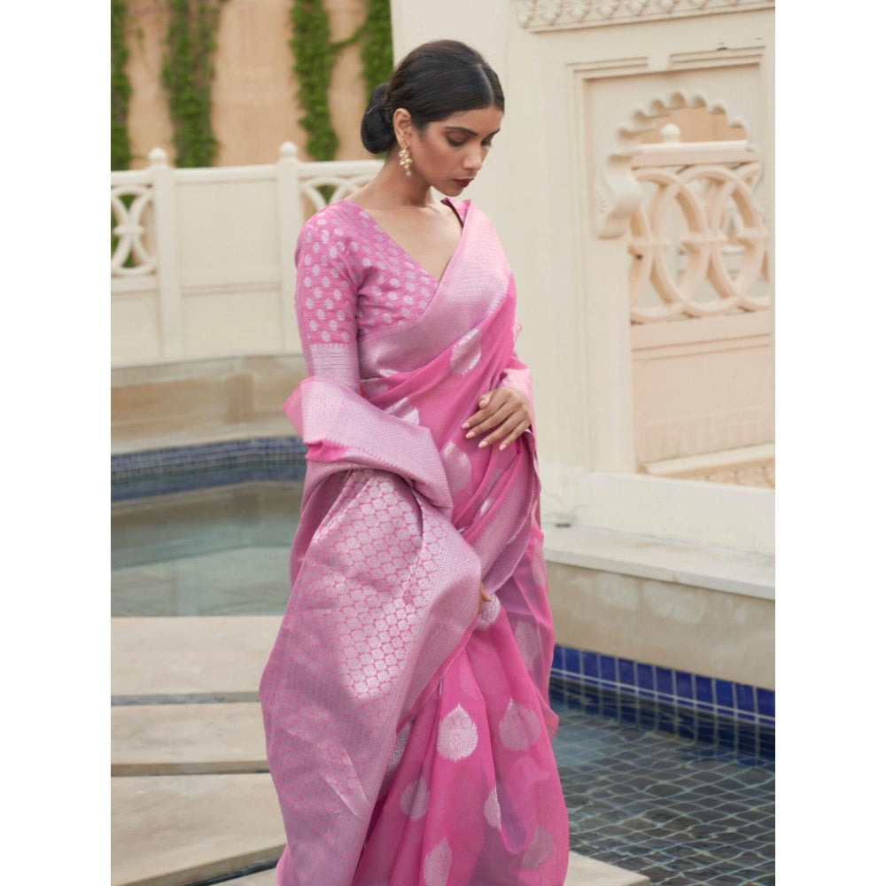 Odette Pink Woven Design Linen Handloom Saree with Unstitched Blouse for Women