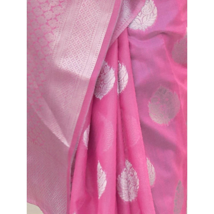 Odette Pink Woven Design Linen Handloom Saree with Unstitched Blouse for Women