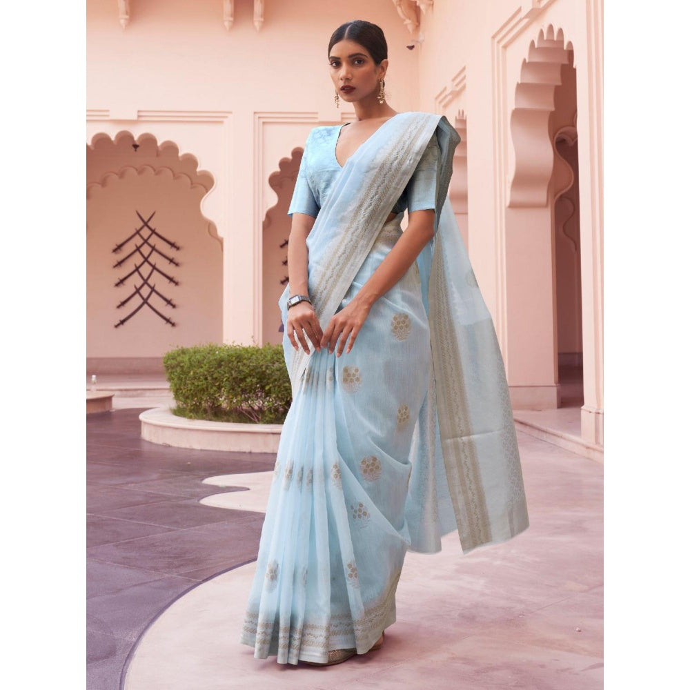 Odette Blue Woven Design Linen Handloom Saree with Unstitched Blouse for Women