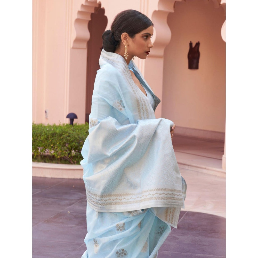 Odette Blue Woven Design Linen Handloom Saree with Unstitched Blouse for Women