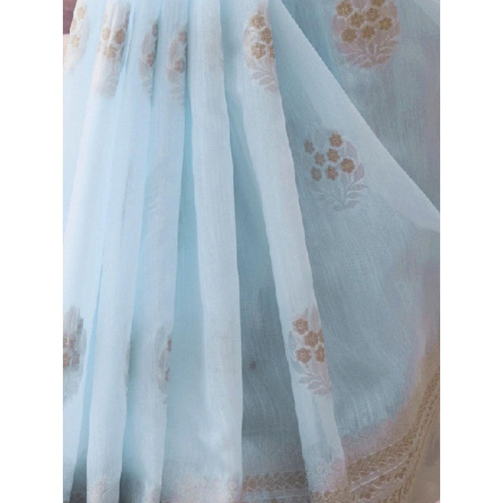 Odette Blue Woven Design Linen Handloom Saree with Unstitched Blouse for Women