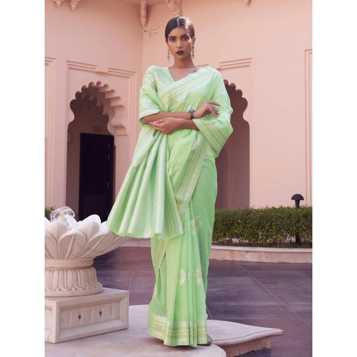 Odette Light Green Woven Design Linen Handloom Saree with Unstitched Blouse for Women