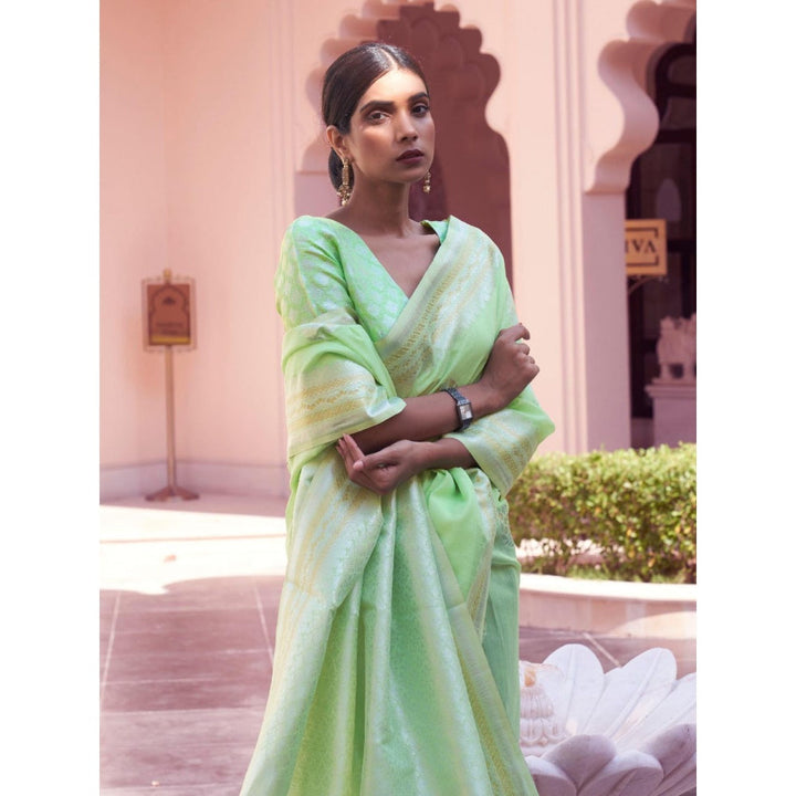 Odette Light Green Woven Design Linen Handloom Saree with Unstitched Blouse for Women