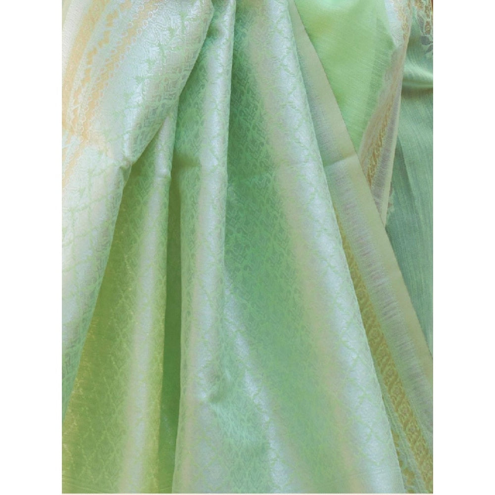 Odette Light Green Woven Design Linen Handloom Saree with Unstitched Blouse for Women